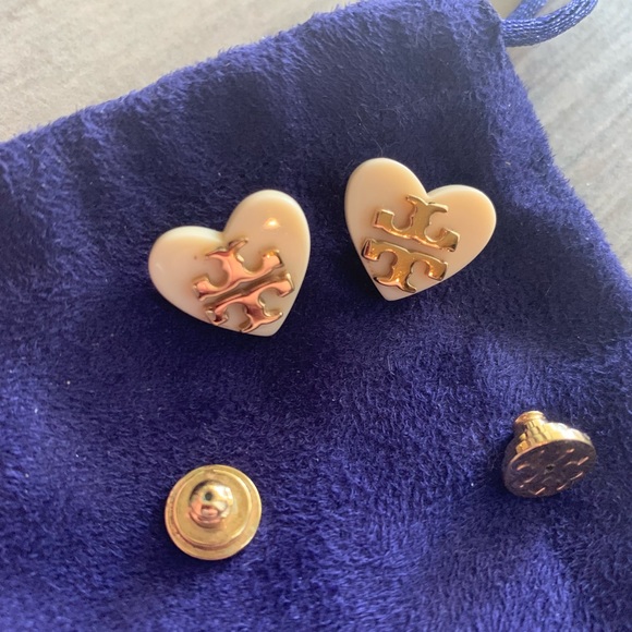 Tory Burch Jewelry - Tory Burch cream and gold heart logo earrings